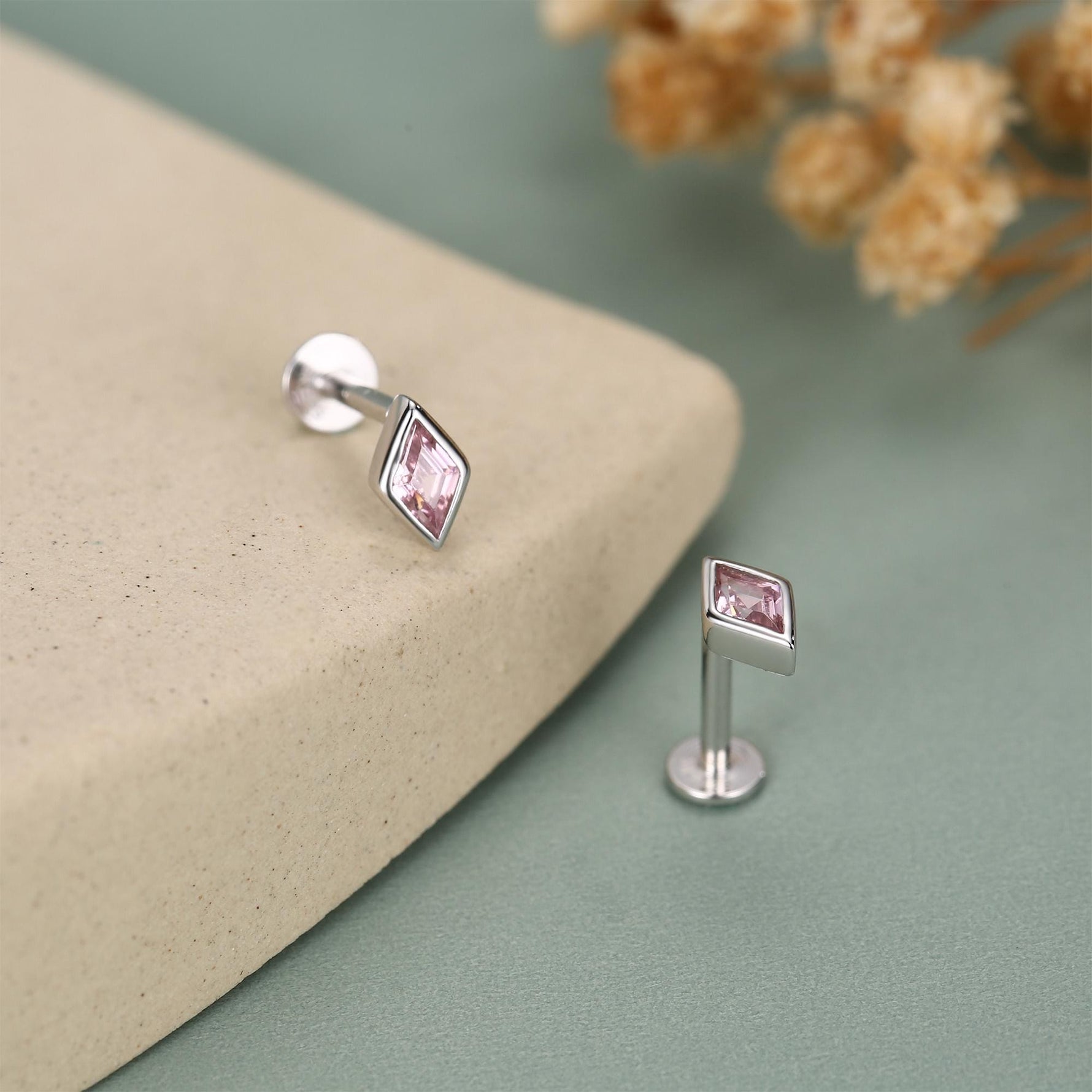 Sterling Silver Pink CZ Rhombus 16G Flat Back Labret Earrings
