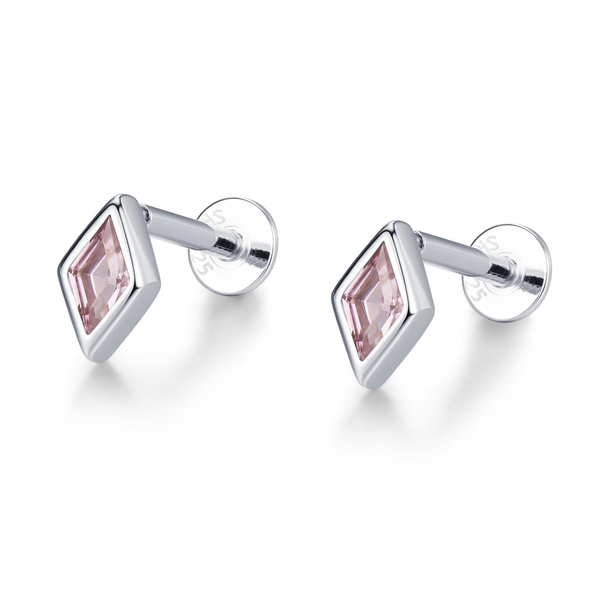 Sterling Silver Pink CZ Rhombus 16G Flat Back Labret Earrings