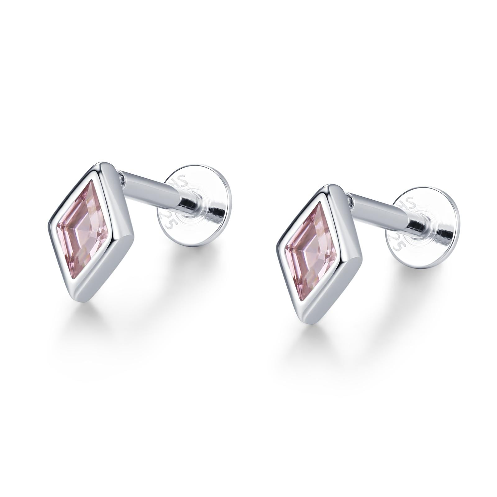 Sterling Silver Pink CZ Rhombus 16G Flat Back Labret Earrings