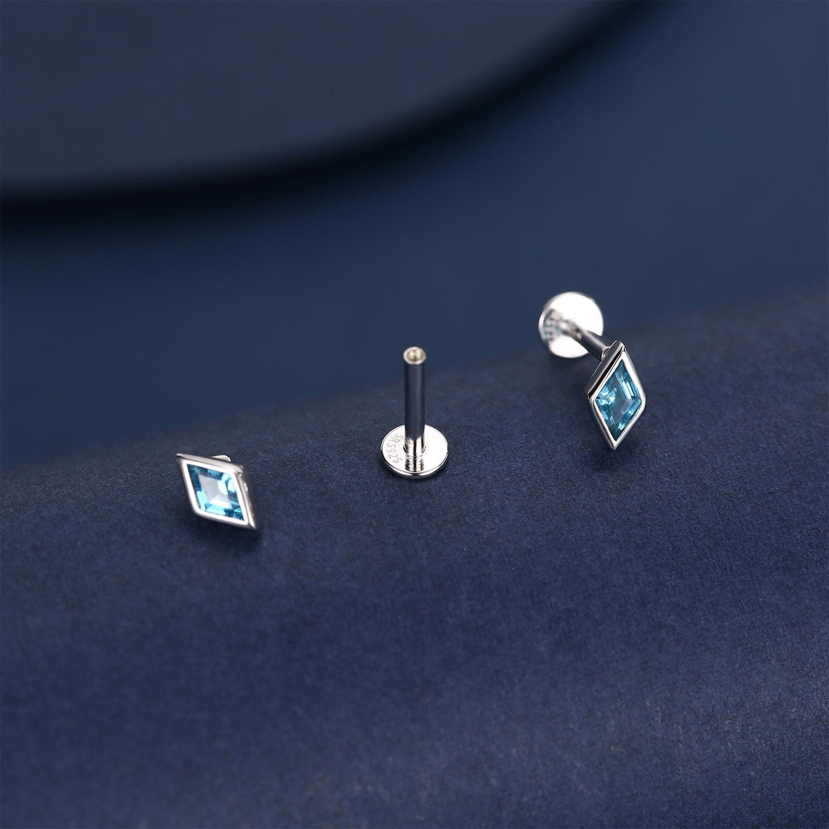 Sterling Silver Sky Blue CZ Rhombus 16G Flat Back Labret Earrings