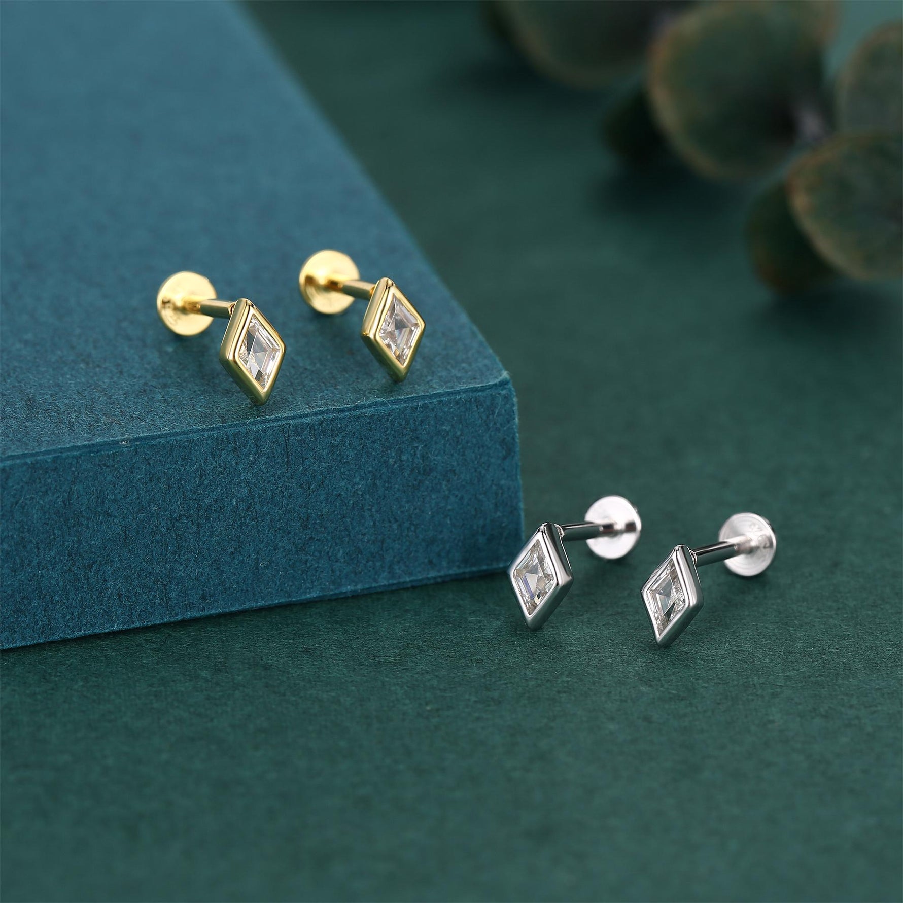 Sterling Silver Clear CZ Rhombus 16G Flat Back Labret Earrings