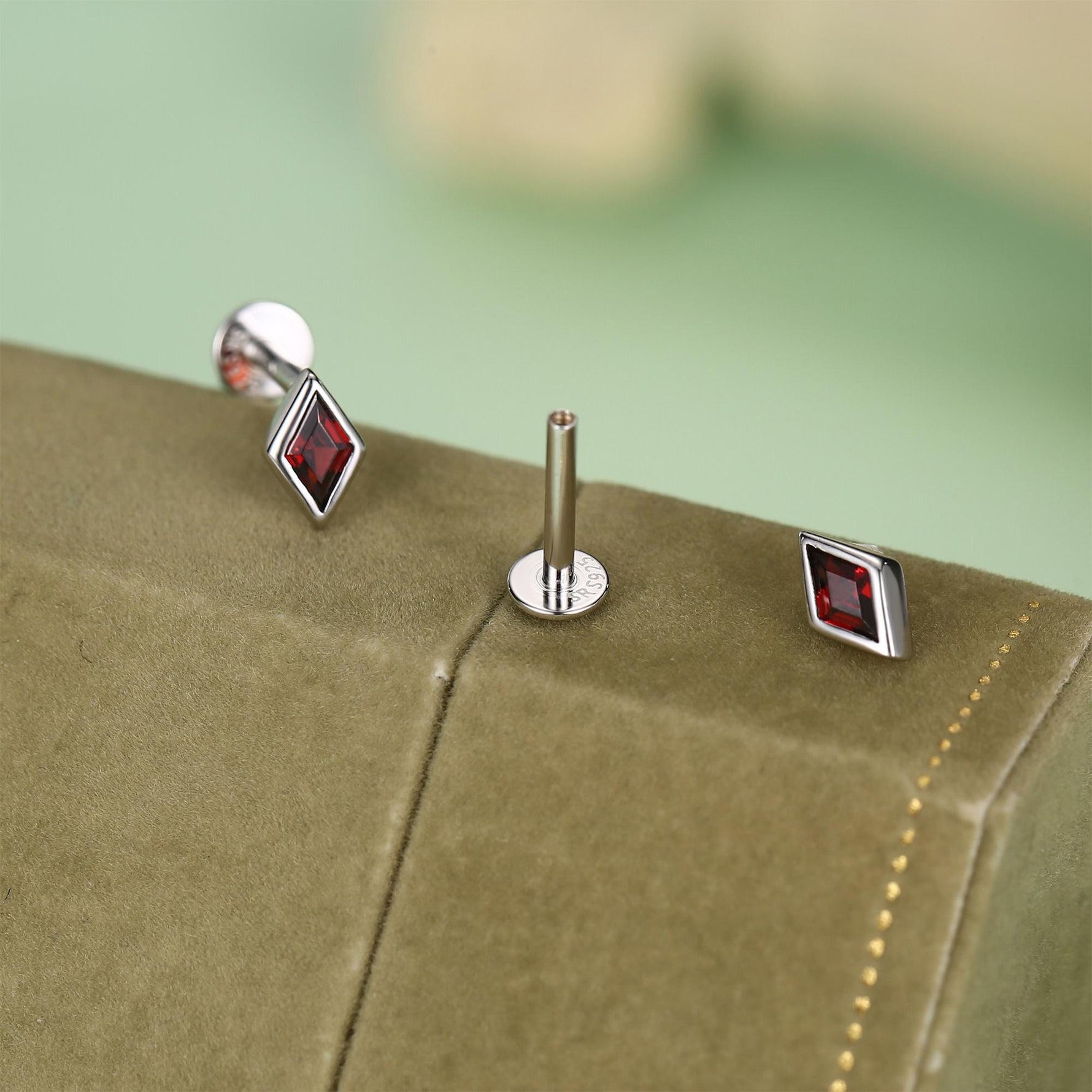 Sterling Silver Garnet Red CZ Rhombus 16G Flat Back Labret Earrings