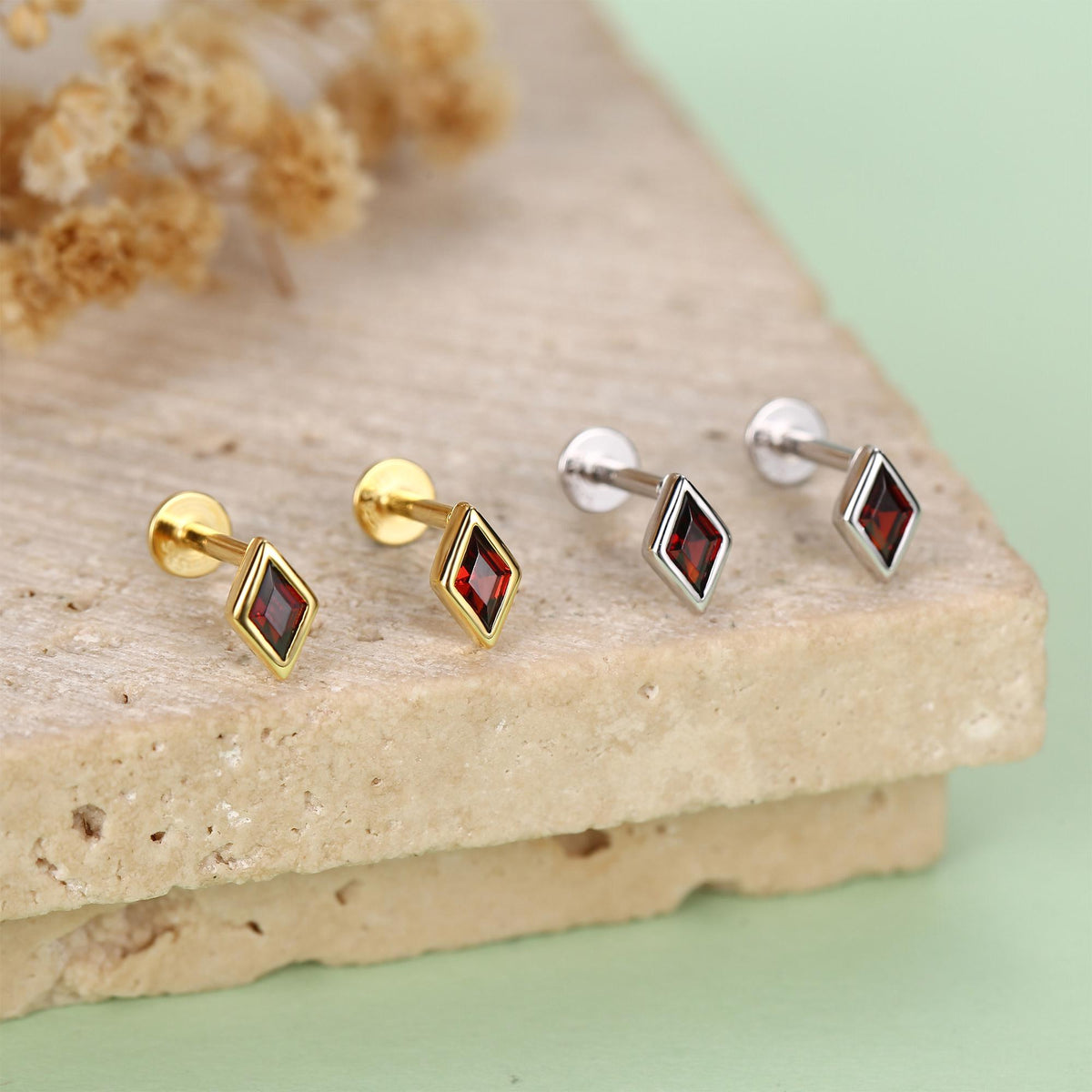 Sterling Silver Garnet Red CZ Rhombus 16G Flat Back Labret Earrings