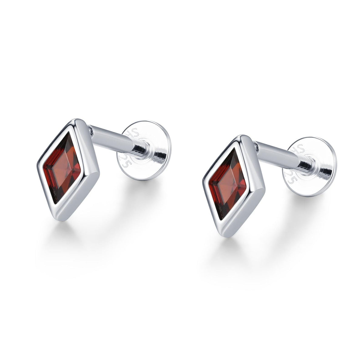 Sterling Silver Garnet Red CZ Rhombus 16G Flat Back Labret Earrings