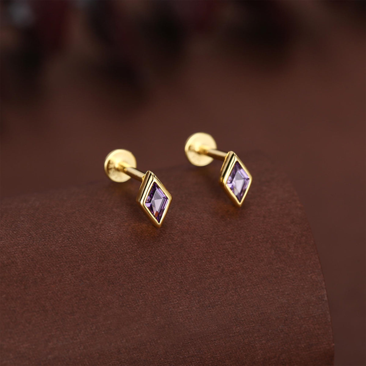 Sterling Silver Amethyst Purple CZ Rhombus 16G Flat Back Labret Earrings