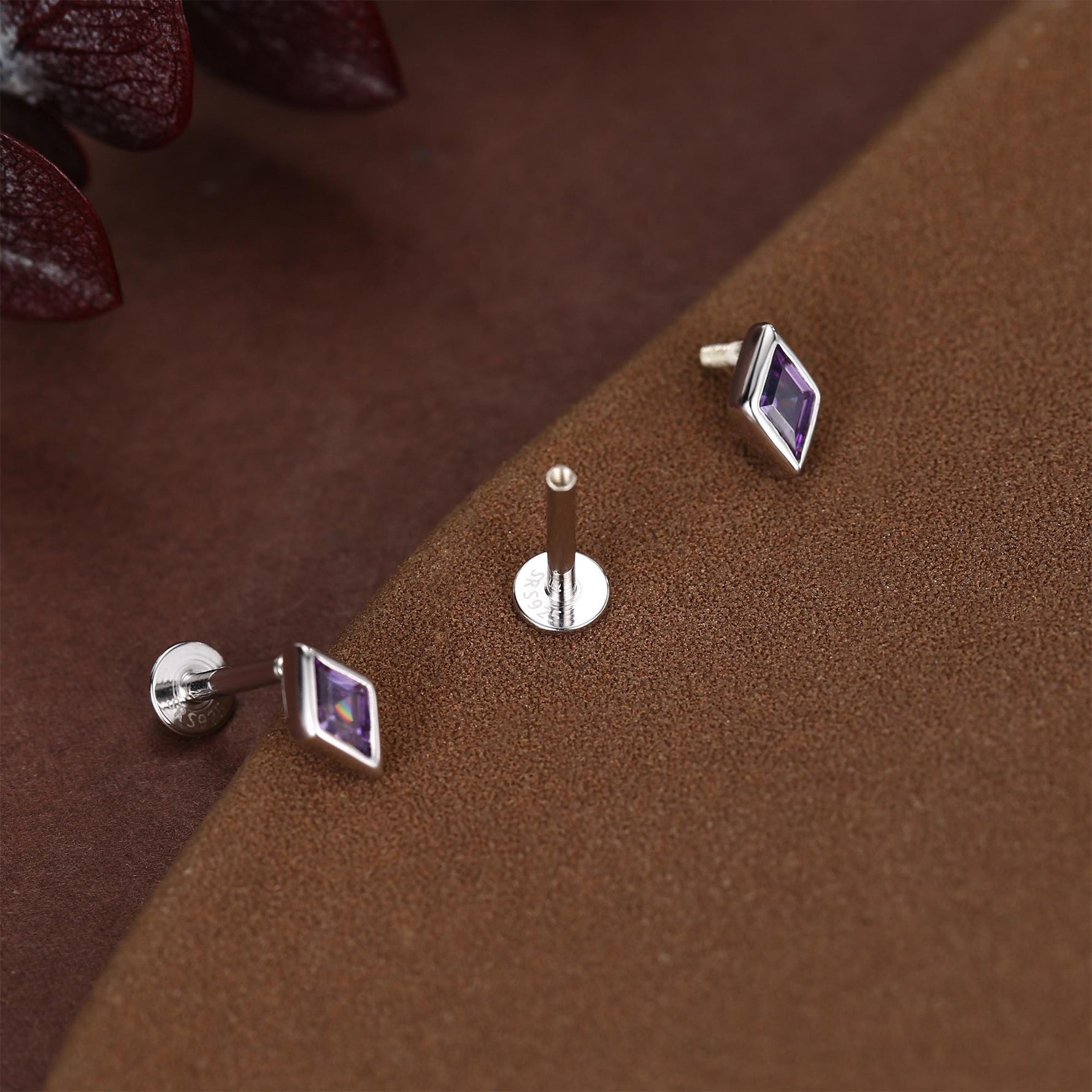 Sterling Silver Amethyst Purple CZ Rhombus 16G Flat Back Labret Earrings