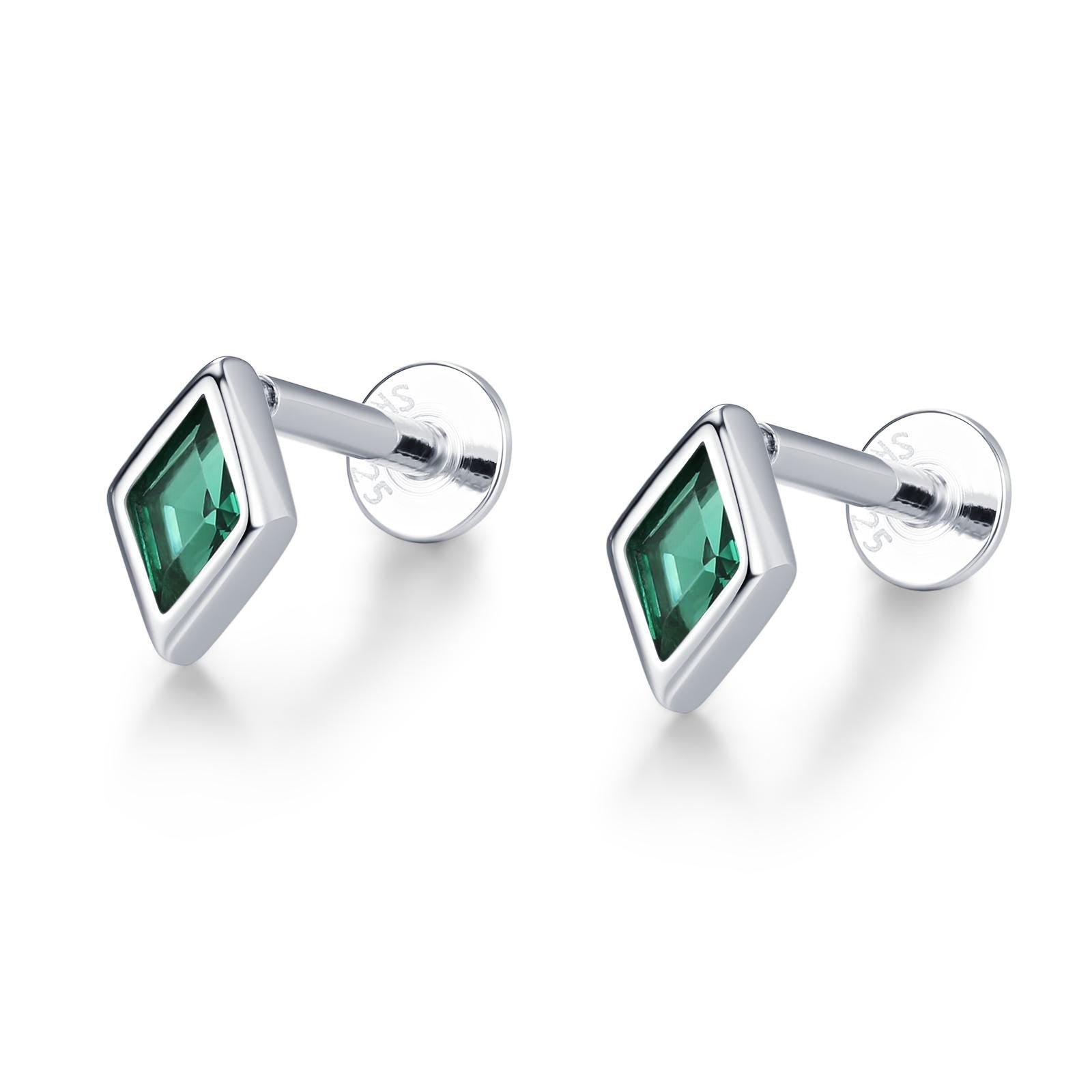 Sterling Silver Emerald Green CZ Rhombus 16G Flat Back Labret Earrings