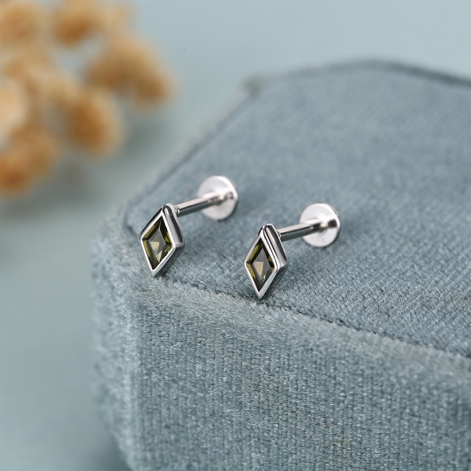 Sterling Silver Olive Green CZ Rhombus 16G Flat Back Labret Earrings