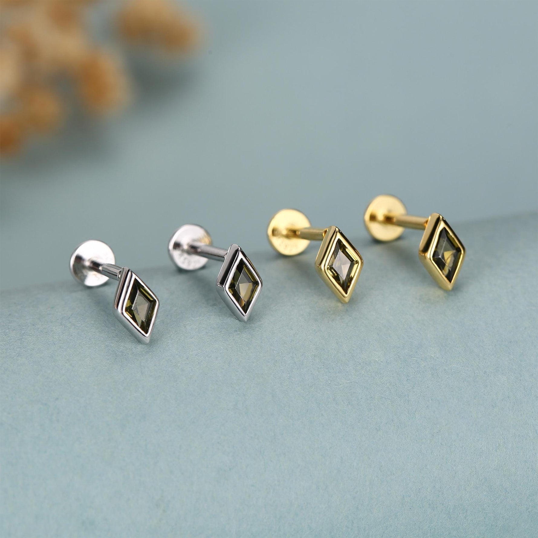 Sterling Silver Olive Green CZ Rhombus 16G Flat Back Labret Earrings