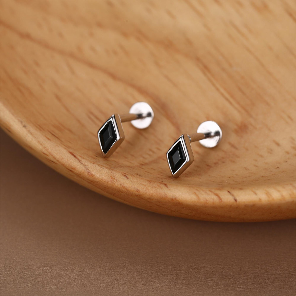 Sterling Silver Black CZ Rhombus 16G Flat Back Labret Earrings