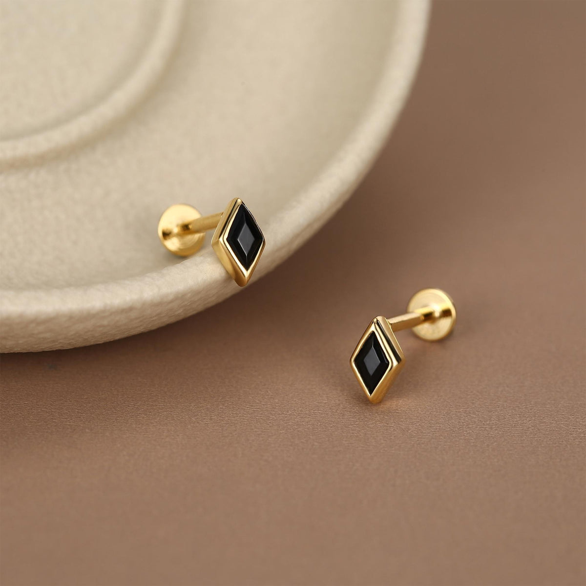 Sterling Silver Black CZ Rhombus 16G Flat Back Labret Earrings
