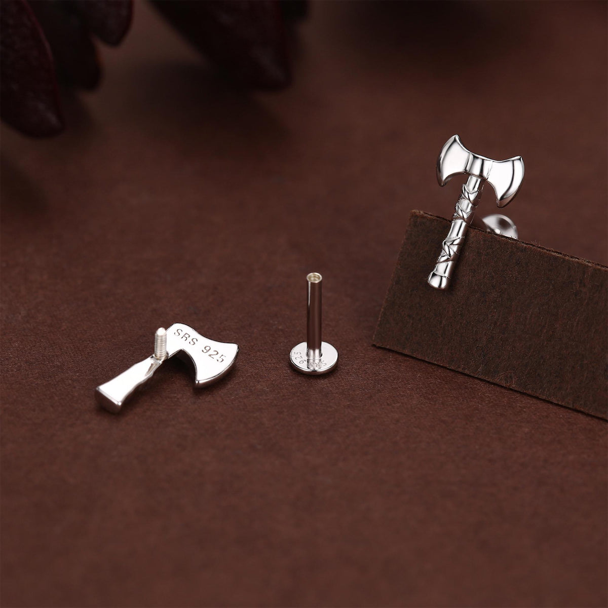 Sterling Silver Viking Axe Mismatched 16G Flat Back Labret Earrings