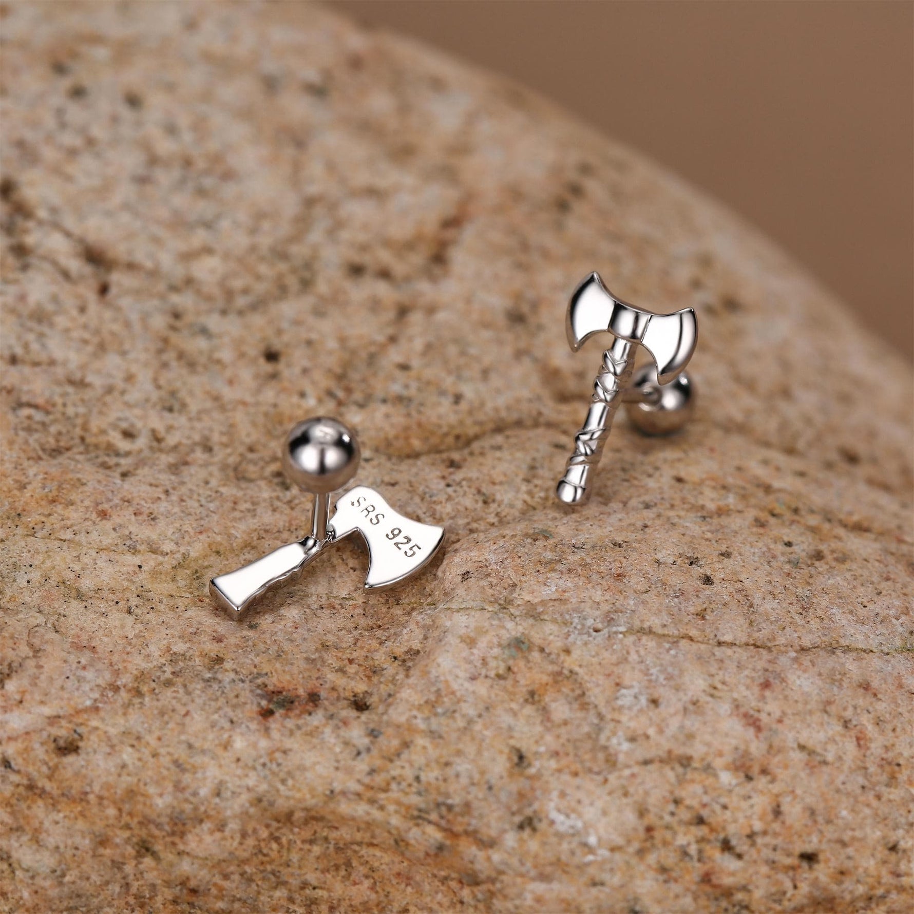Sterling Silver Viking Axe 18G Screw Back Stud Earrings