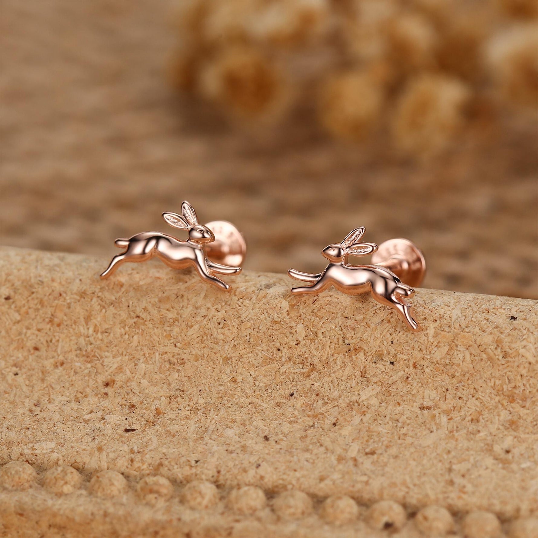 Sterling Silver Running Hare 16G Internally Threaded Flat Back Earrings, Animal Earrings
