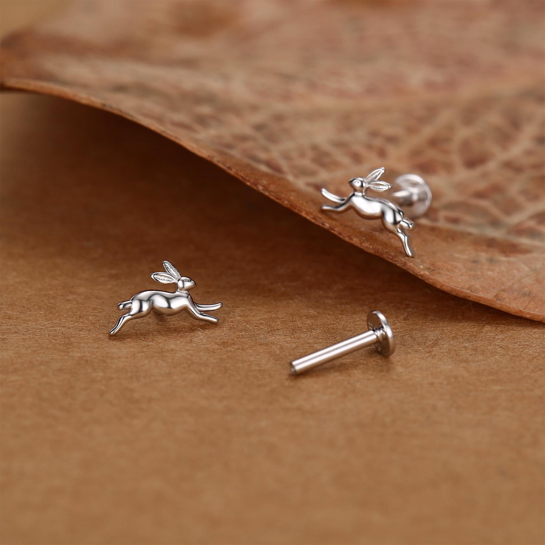 Sterling Silver Running Hare 16G Internally Threaded Flat Back Earrings, Animal Earrings