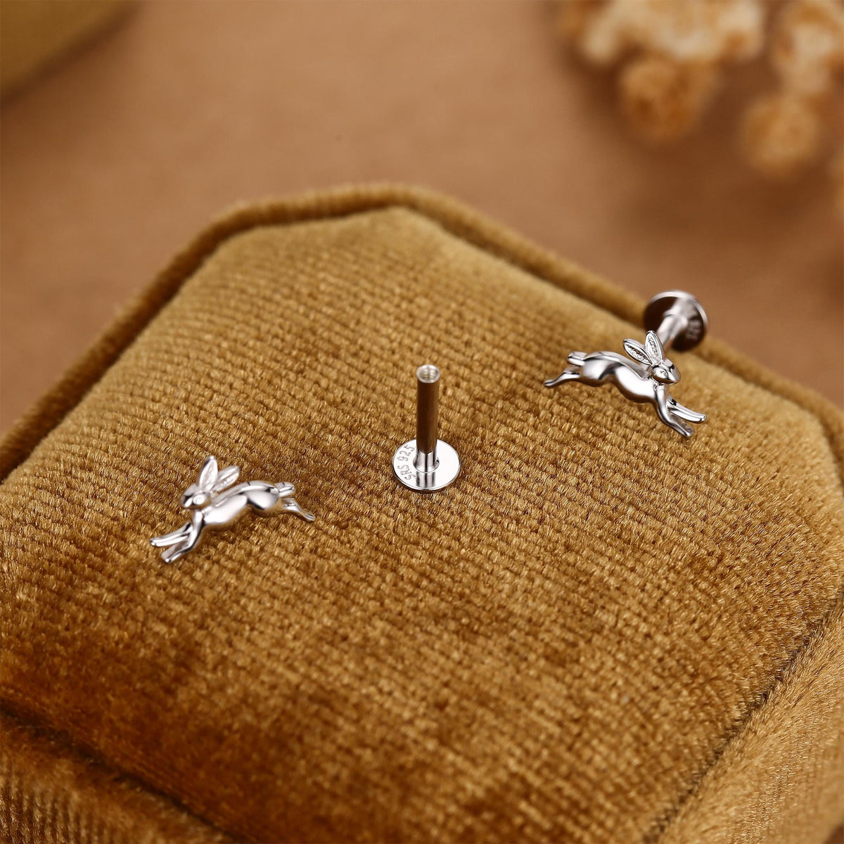Sterling Silver Running Hare 16G Internally Threaded Flat Back Earrings, Animal Earrings