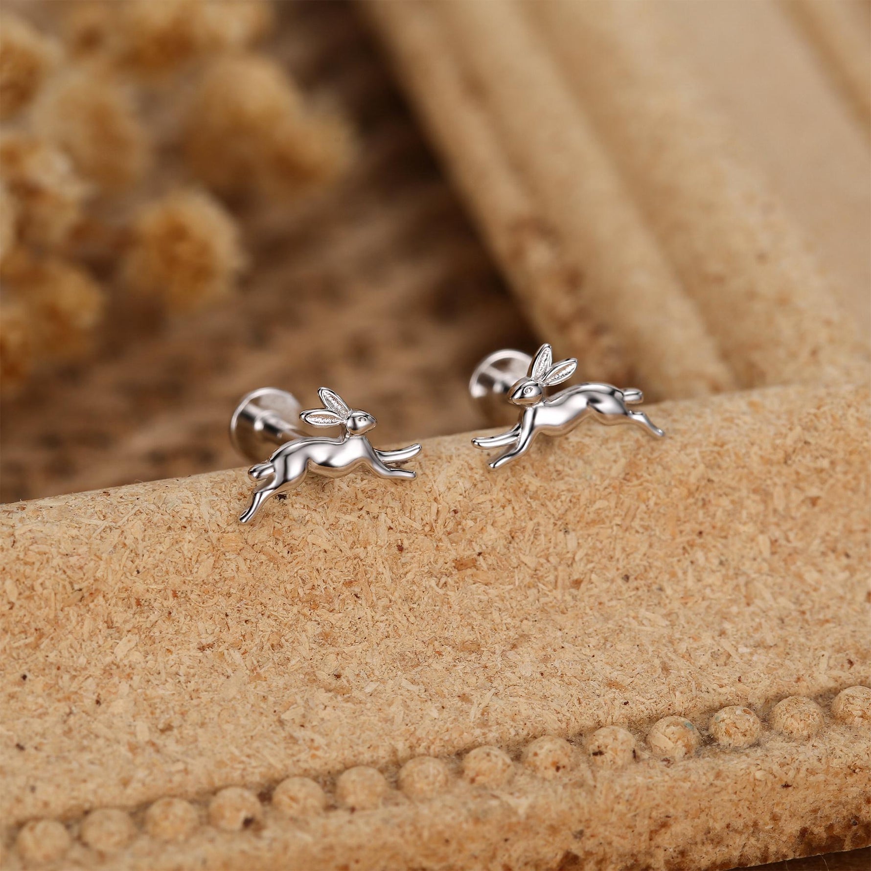 Sterling Silver Running Hare 16G Internally Threaded Flat Back Earrings, Animal Earrings