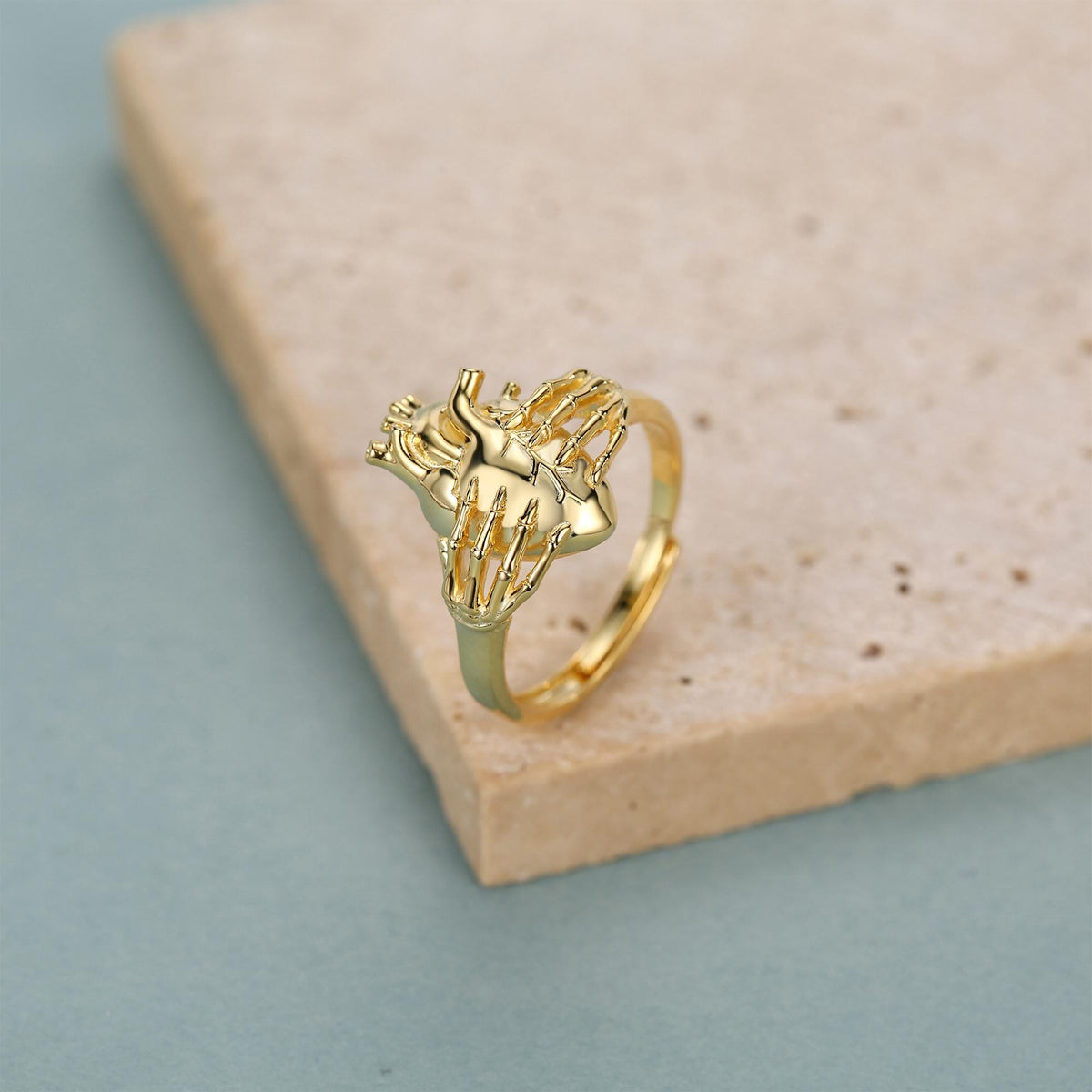 Anatomical Heart & Skeleton Hands Sterling Silver Ring, Oxidised Silver Heart in Hand Ring, Gothic Romantic Ring