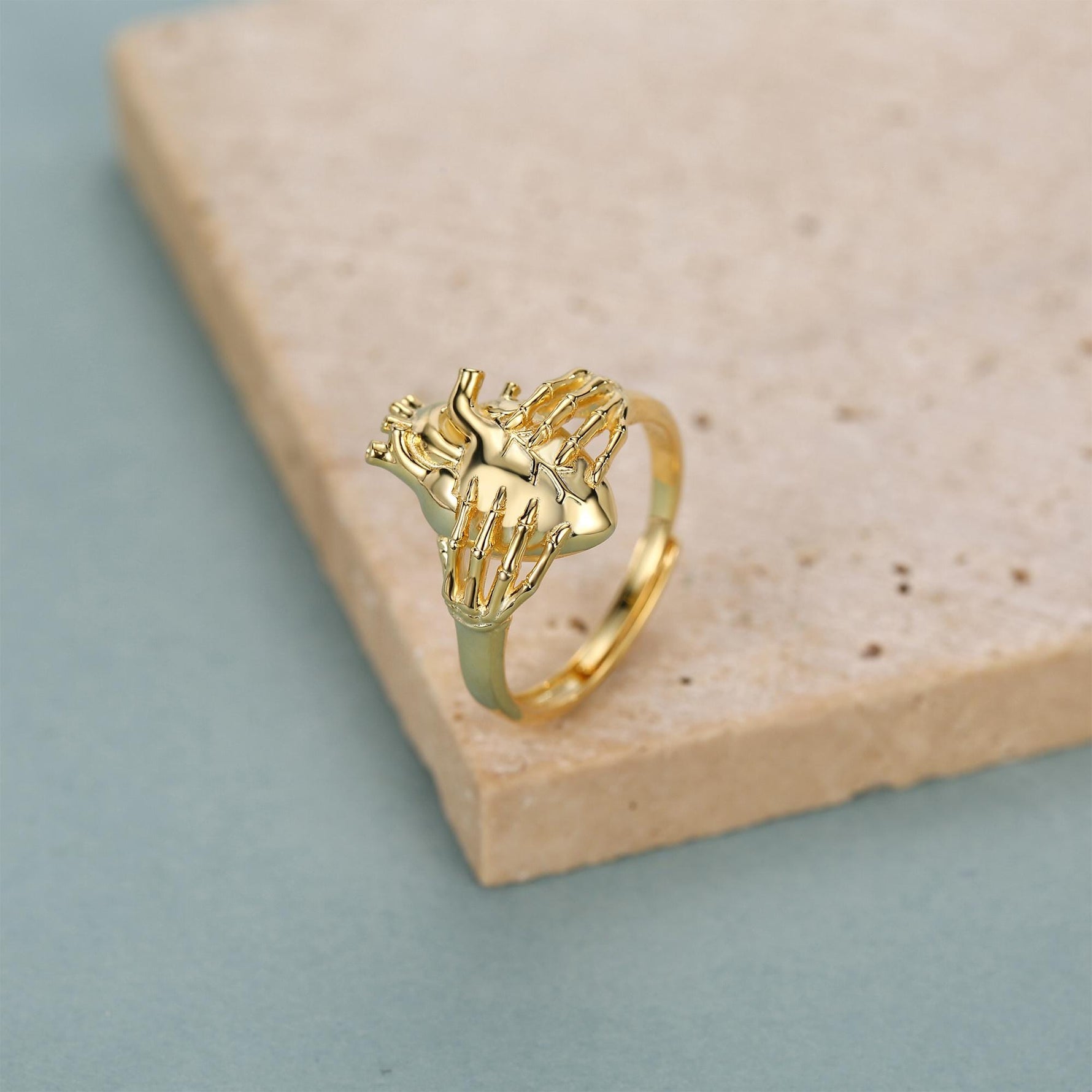Anatomical Heart & Skeleton Hands Sterling Silver Ring, Oxidised Silver Heart in Hand Ring, Gothic Romantic Ring