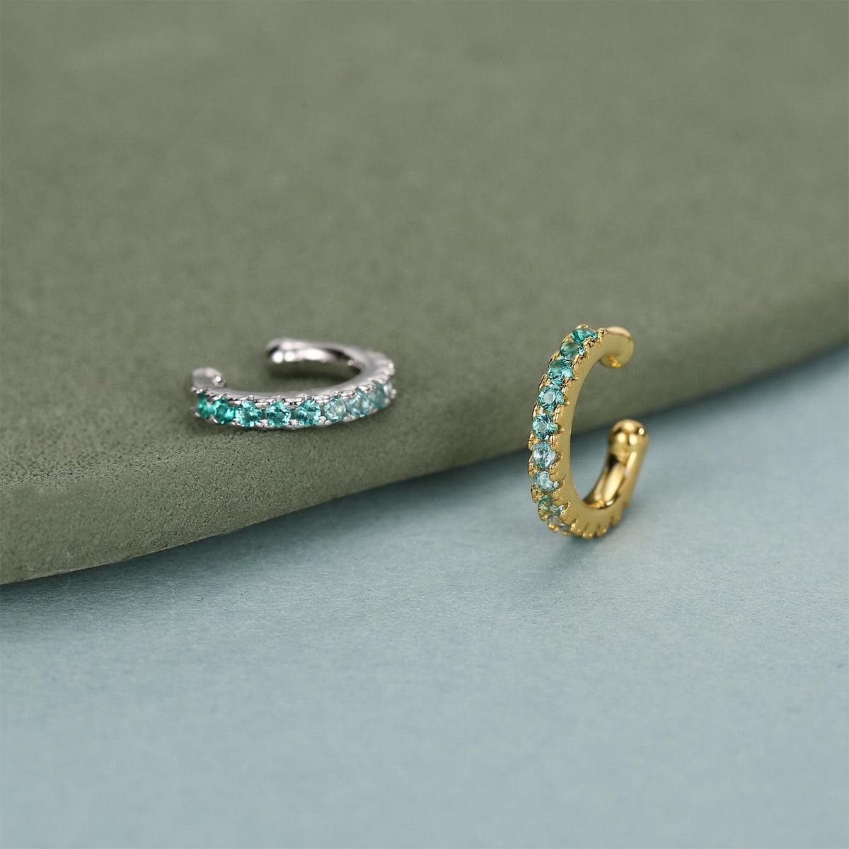 Emerald Green Ombre CZ Ear Cuff in Sterling Silver, Silver or Gold, Simple Piercing Free Earrings, Minimalist Ear Cuff, Green CZ Ear Cuff