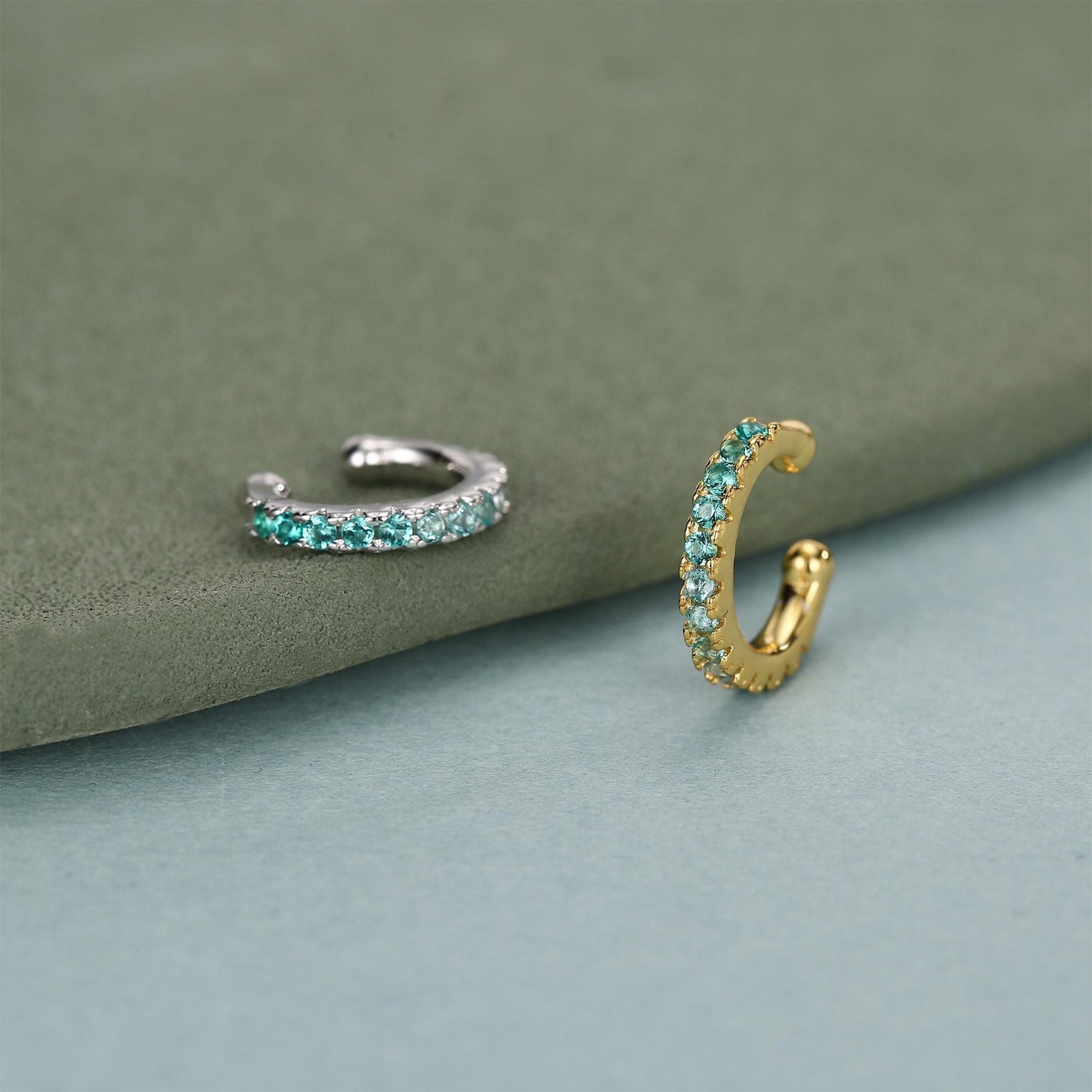 Emerald Green Ombre CZ Ear Cuff in Sterling Silver, Silver or Gold, Simple Piercing Free Earrings, Minimalist Ear Cuff, Green CZ Ear Cuff