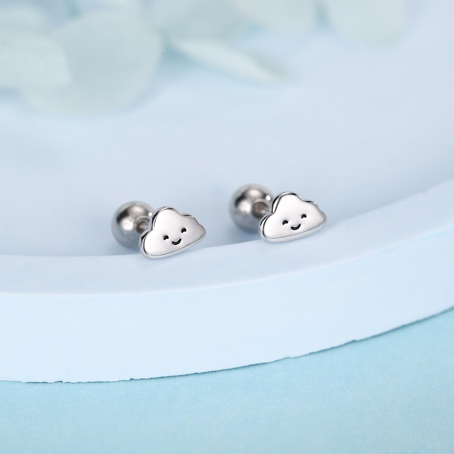 Sterling Silver Smiling Cloud 18G Screw Back Stud Earrings