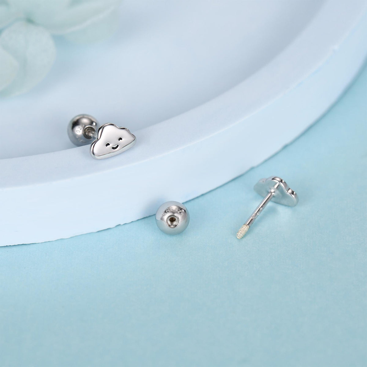Sterling Silver Smiling Cloud 18G Screw Back Stud Earrings