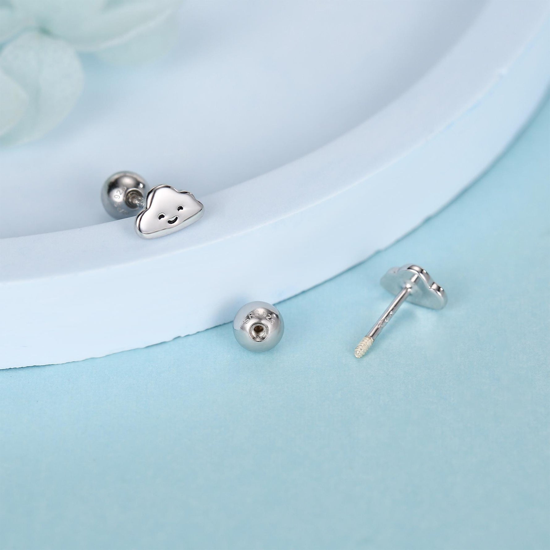 Sterling Silver Smiling Cloud 18G Screw Back Stud Earrings