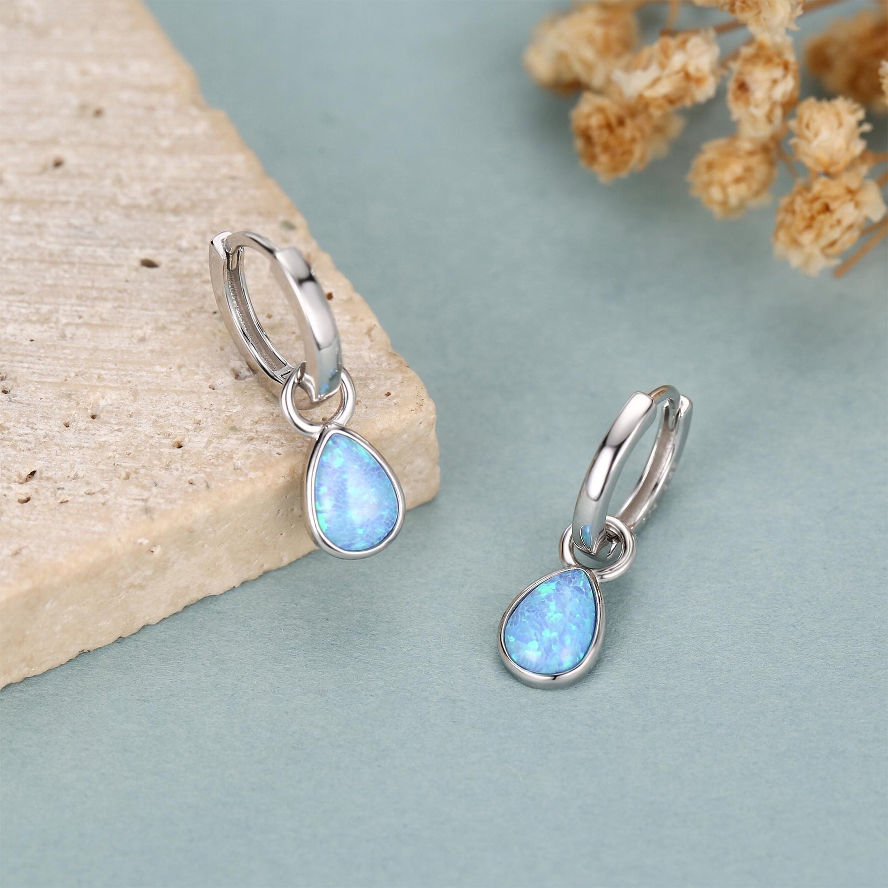 Sterling Silver Blue Opal Teardrop Huggie Hoop Earrings