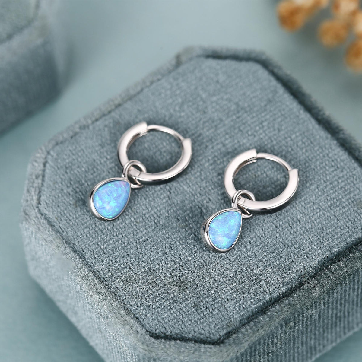 Sterling Silver Blue Opal Teardrop Huggie Hoop Earrings