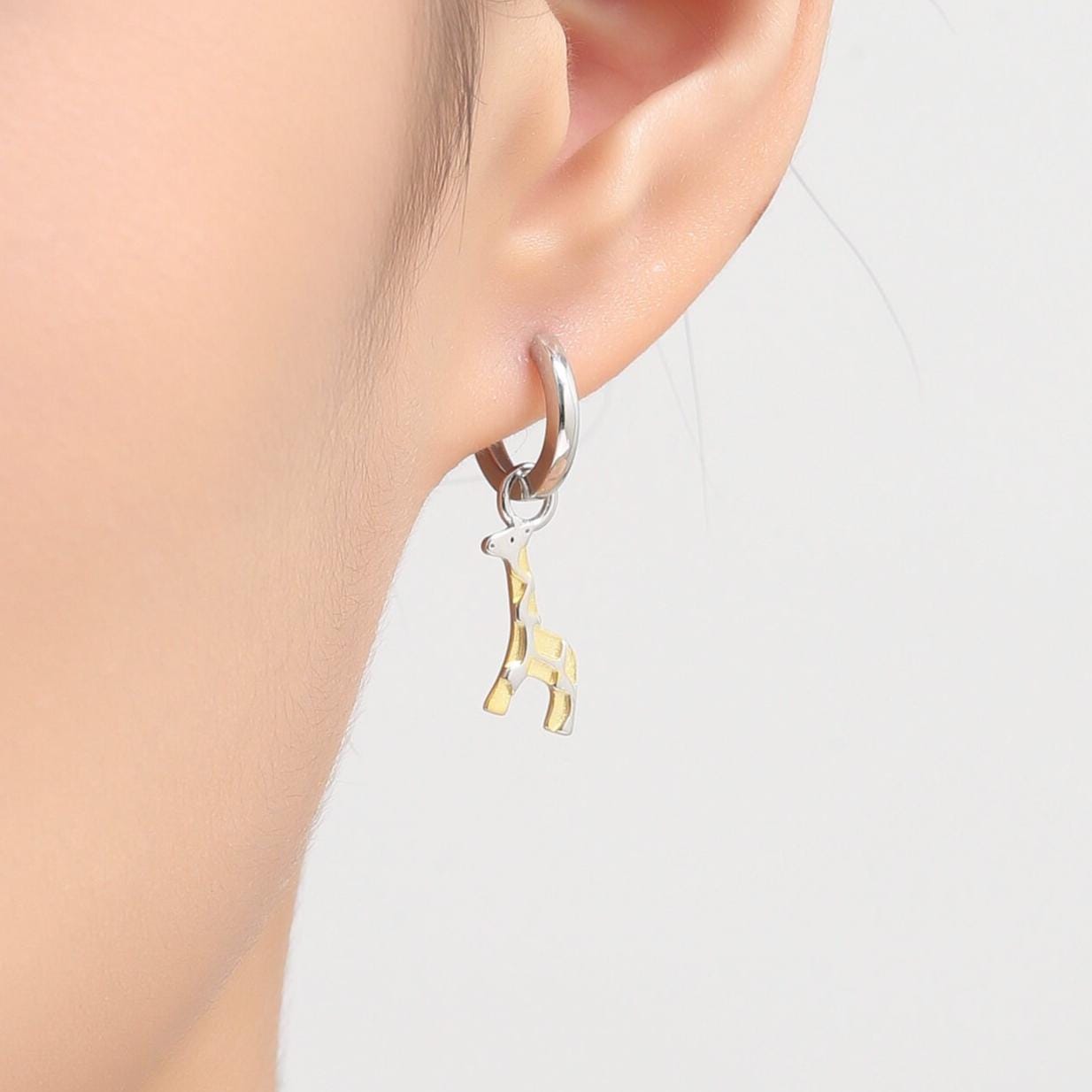 Giraffe Huggie Hoop Earrings in Sterling Silver, Silver and Gold Two Tone Finish, Giraffe Dangle Earrings, Detachable and Interchangeable