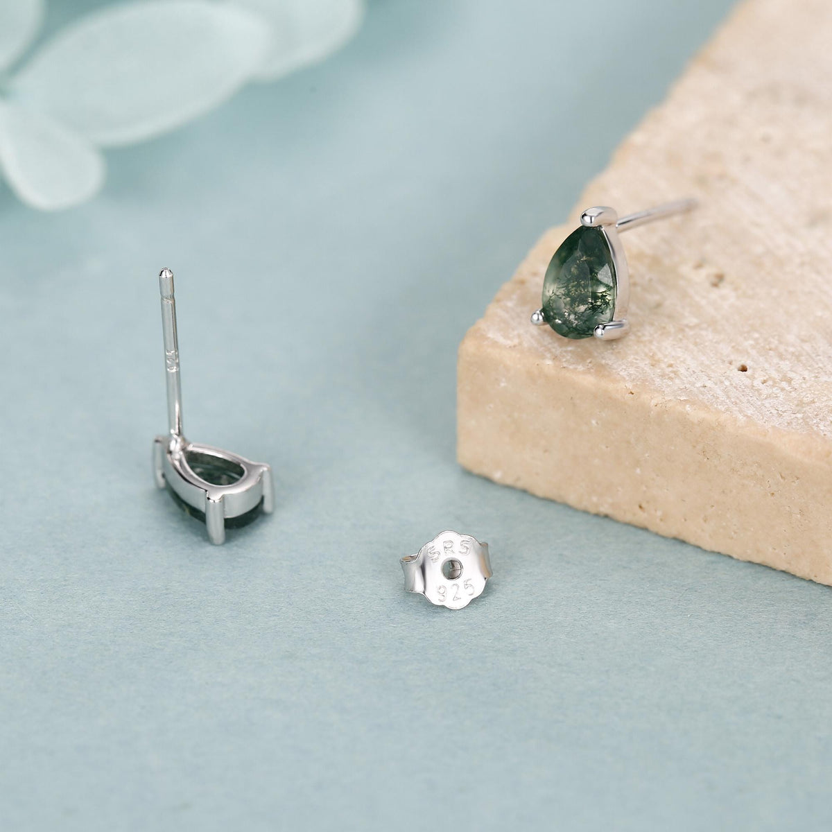 Sterling Silver Moss Agate Teardrop Stud Earrings