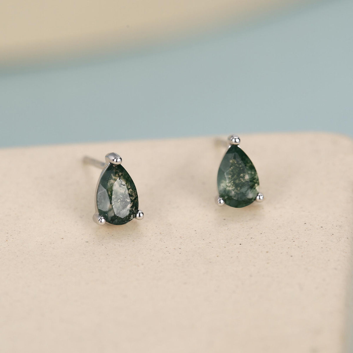 Sterling Silver Moss Agate Teardrop Stud Earrings