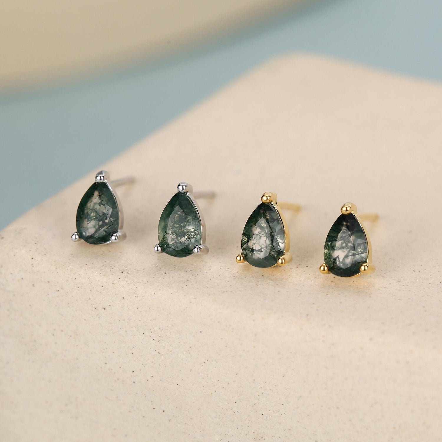 Sterling Silver Moss Agate Teardrop Stud Earrings