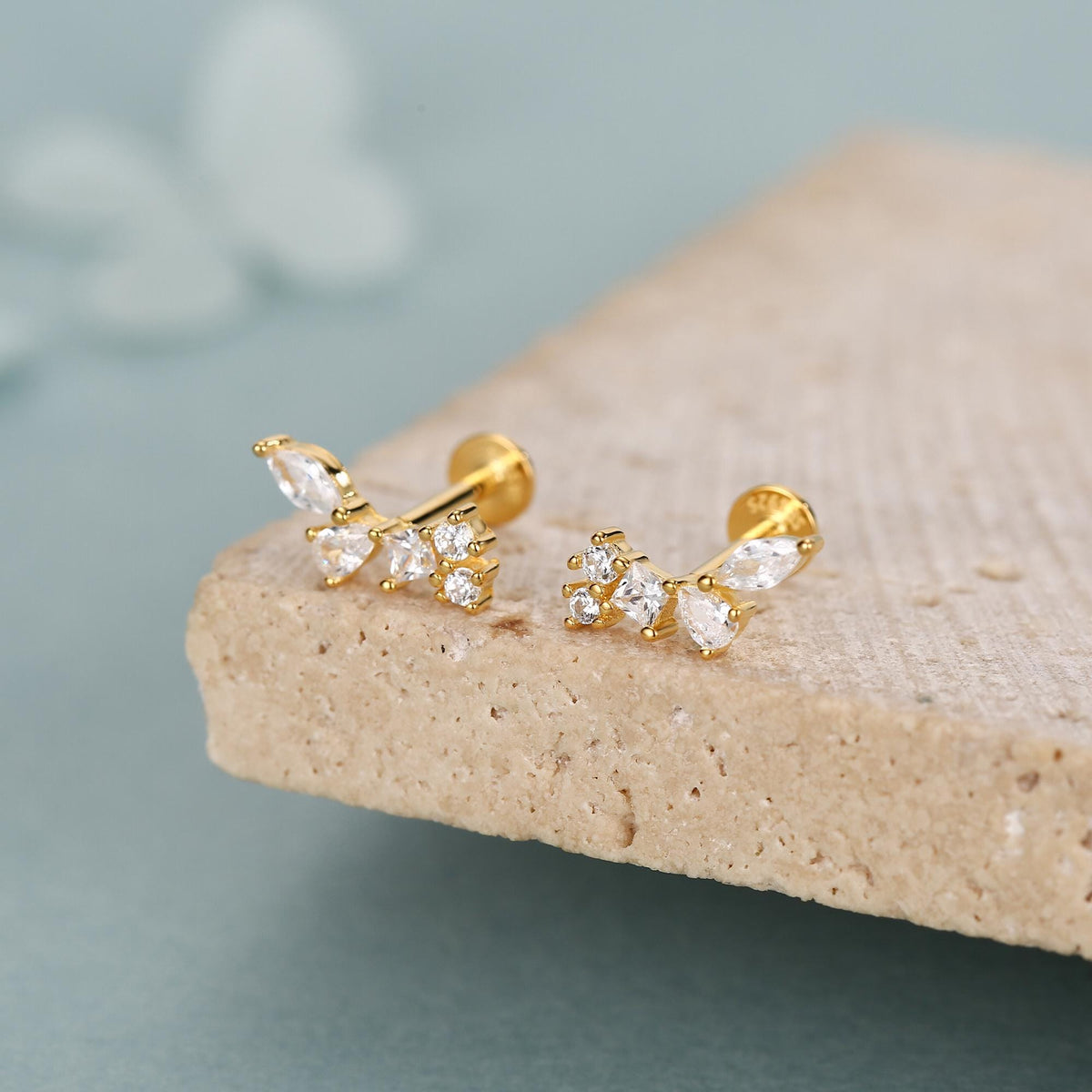 Sterling Silver CZ Cluster 16G Flat Back Labret Earrings