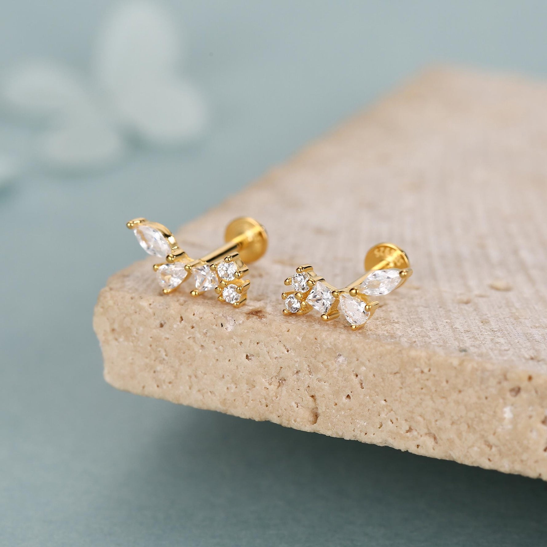 Sterling Silver CZ Cluster 16G Flat Back Labret Earrings