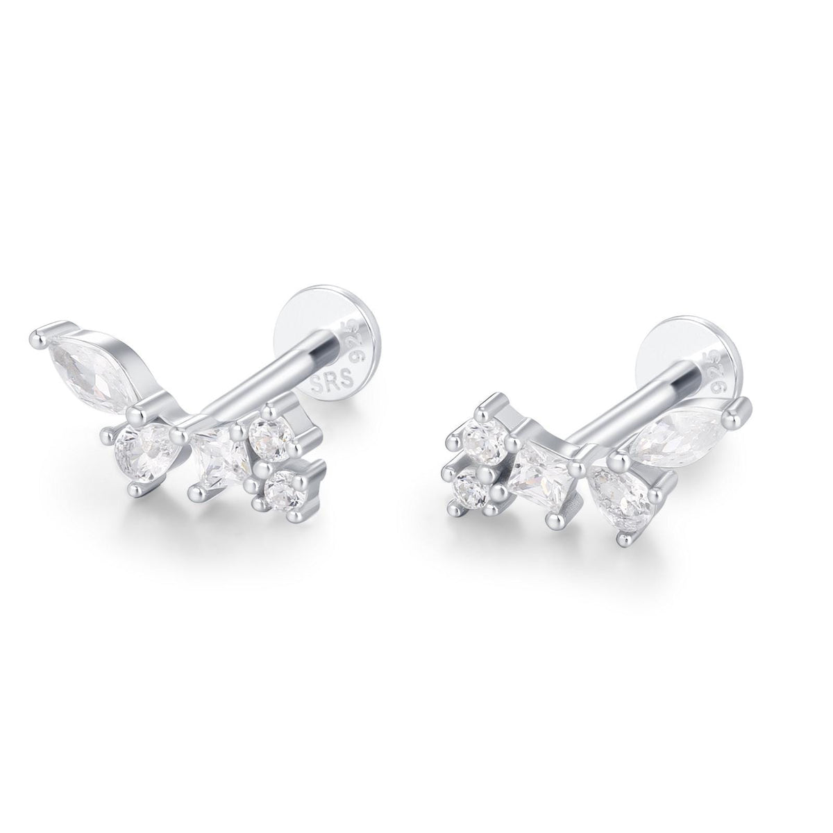 Sterling Silver CZ Cluster 16G Flat Back Labret Earrings