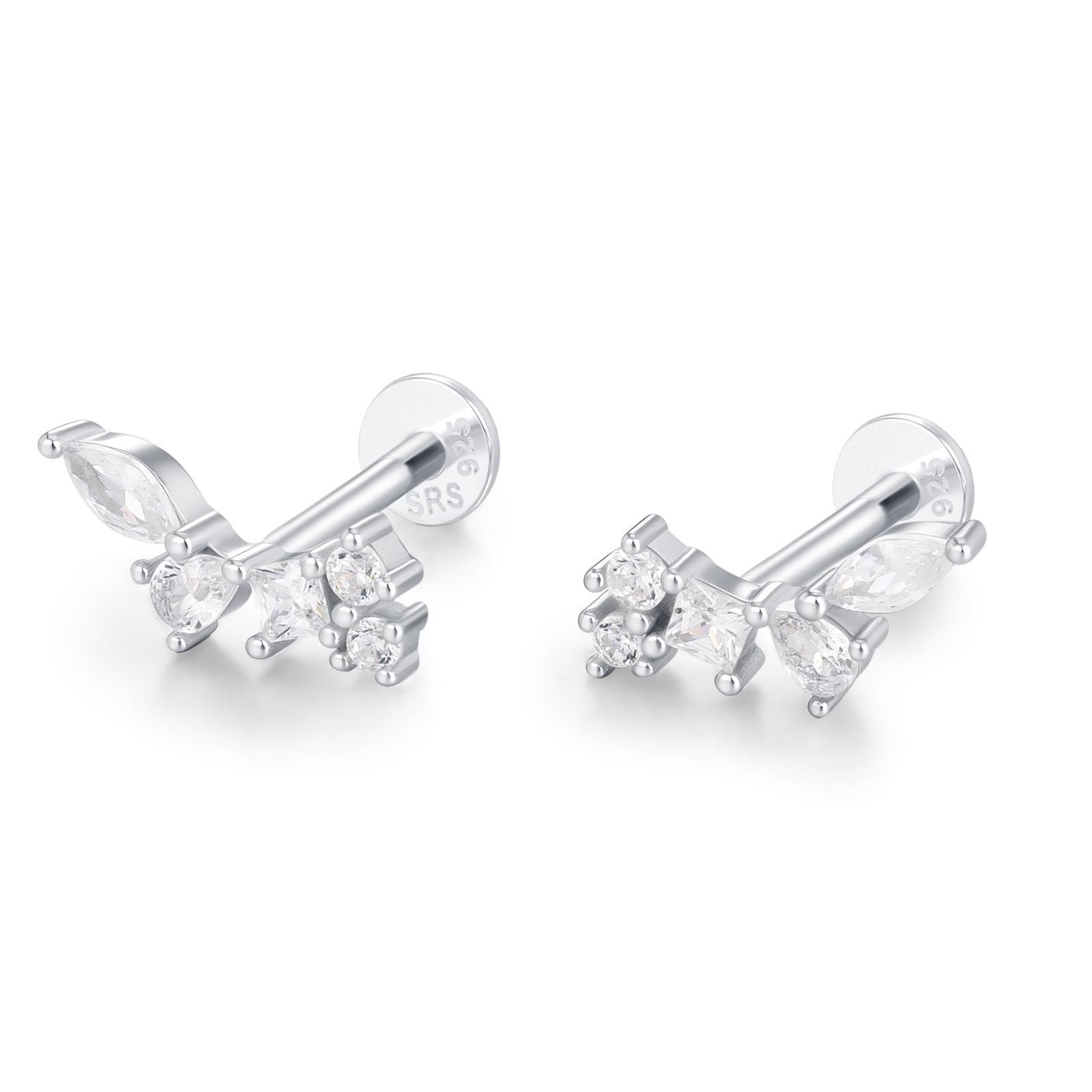 Sterling Silver CZ Cluster 16G Flat Back Labret Earrings