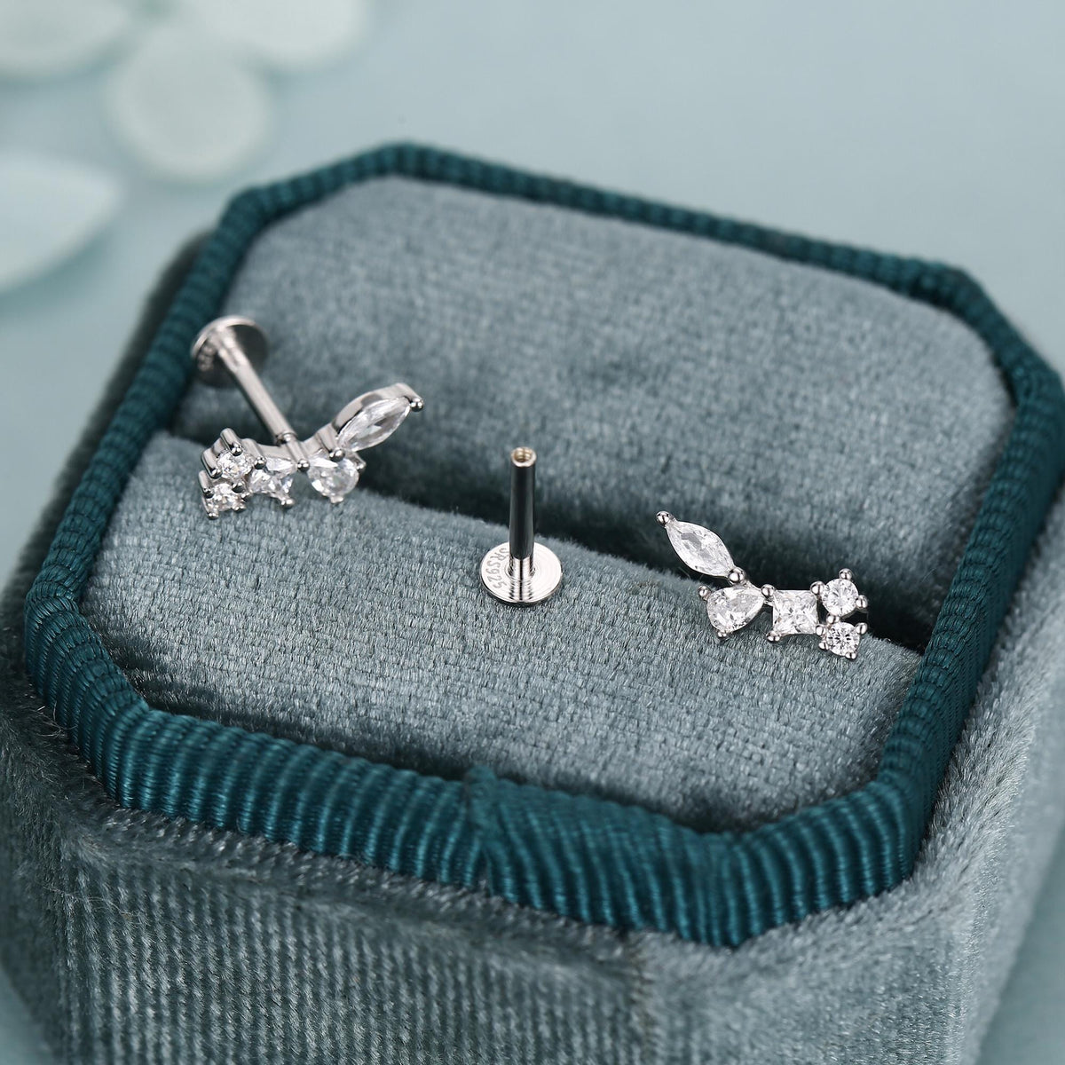 Sterling Silver CZ Cluster 16G Flat Back Labret Earrings
