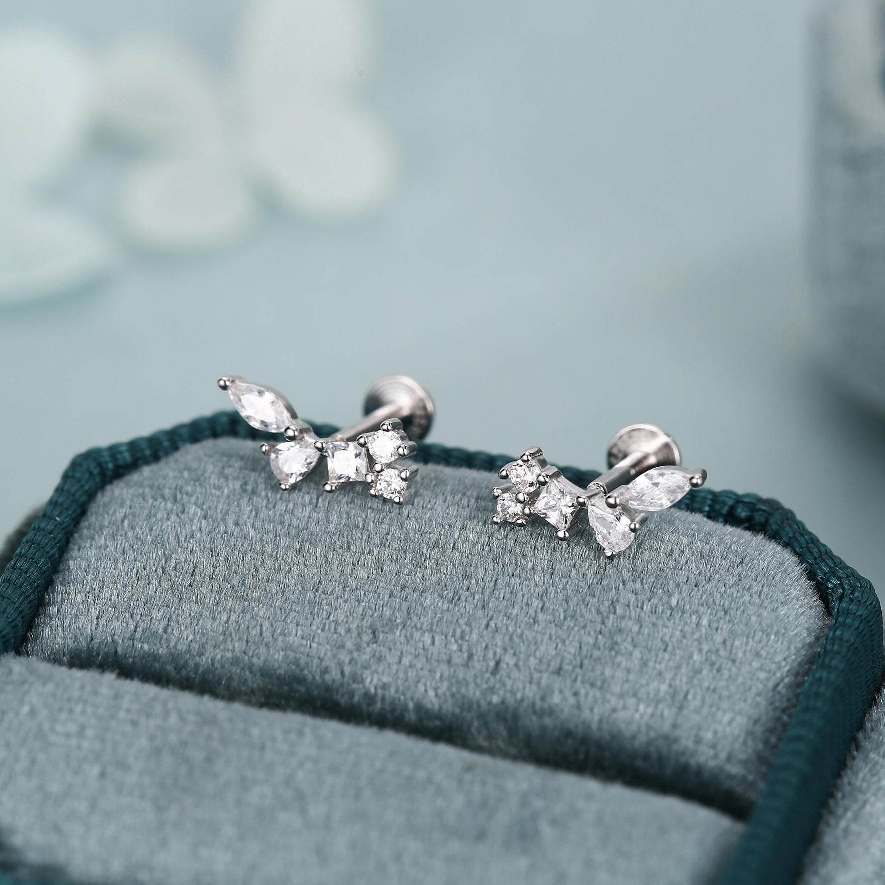 Sterling Silver CZ Cluster 16G Flat Back Labret Earrings