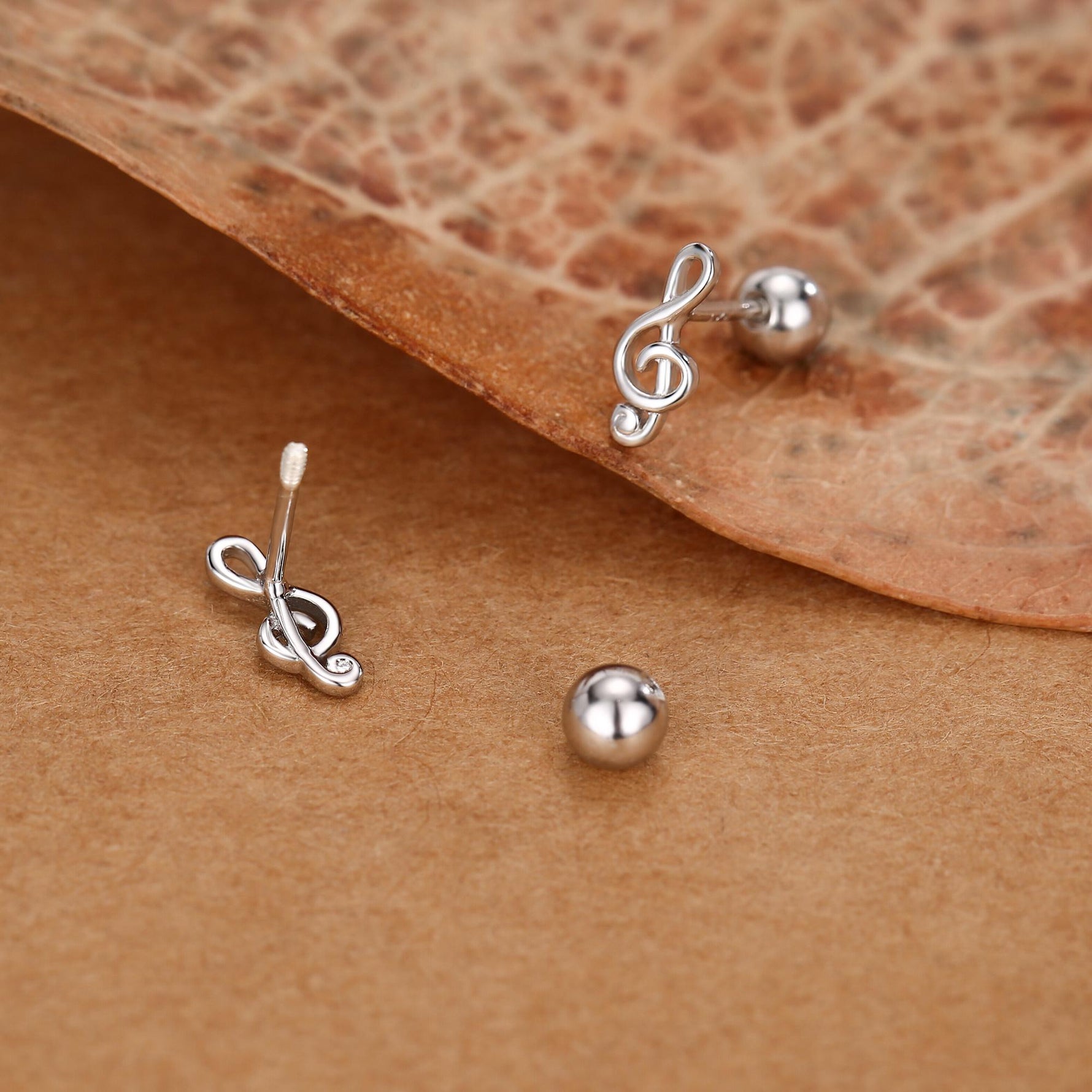 Sterling Silver Treble Clef 18G Screw Back Stud Earrings