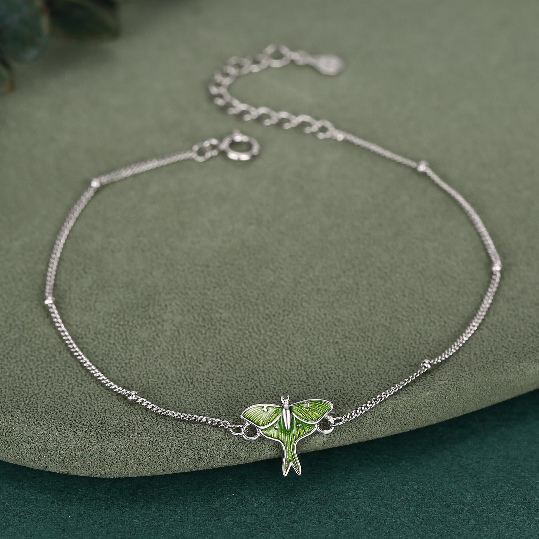Sterling Silver Green Enamel Luna Moth Bracelet