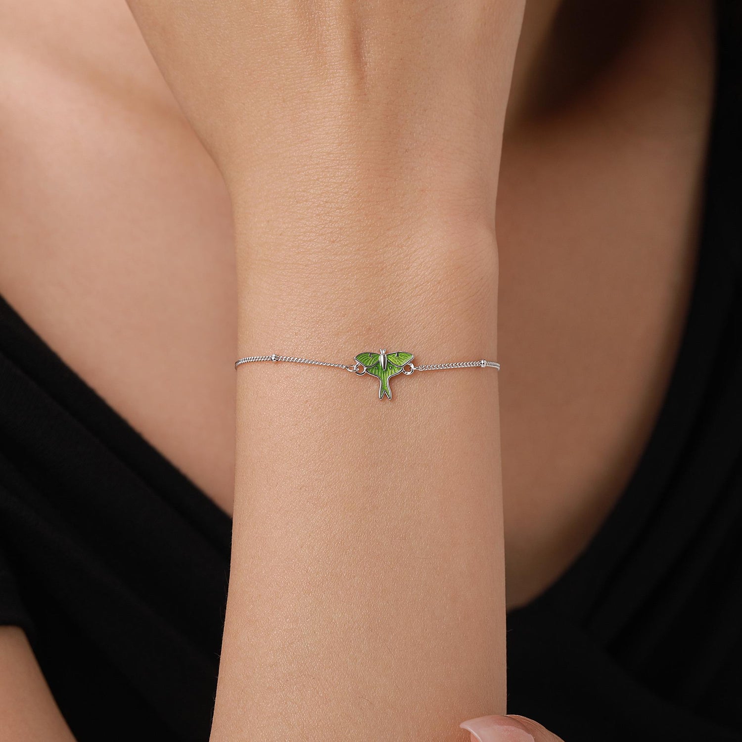 Sterling Silver Green Enamel Luna Moth Bracelet