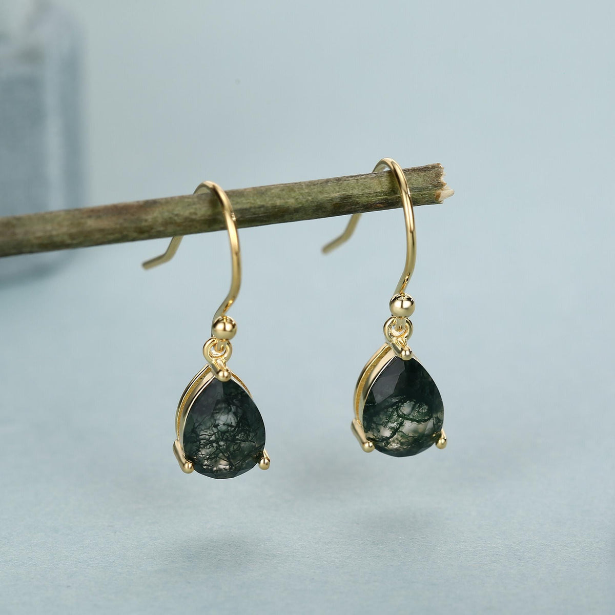 Sterling Silver Moss Agate Pear Drop Dangle Earrings