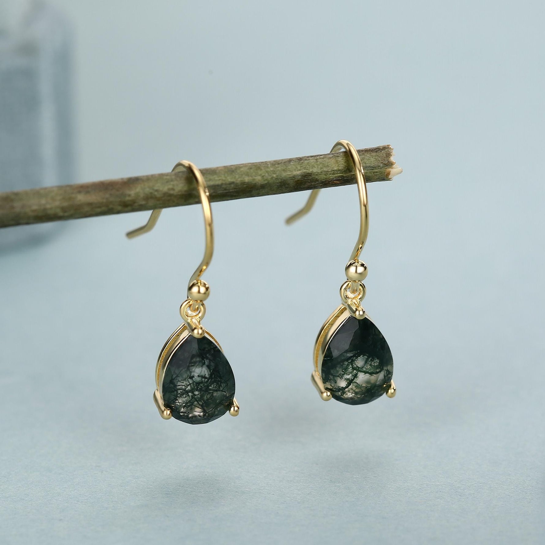 Sterling Silver Moss Agate Pear Drop Dangle Earrings