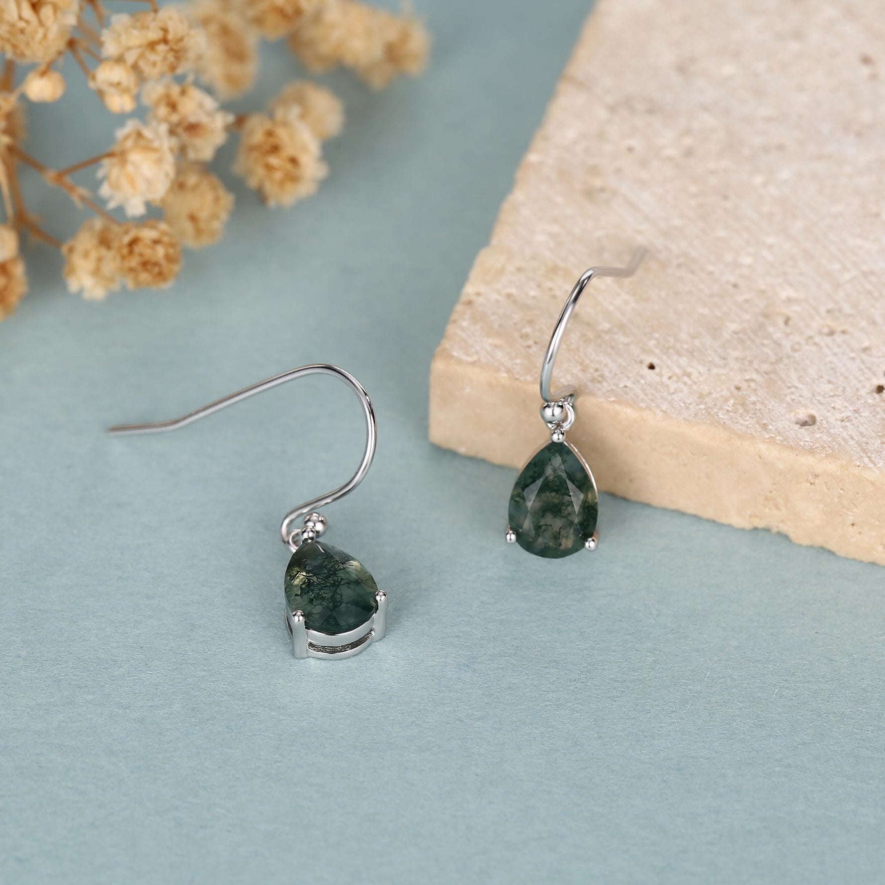 Sterling Silver Moss Agate Pear Drop Dangle Earrings