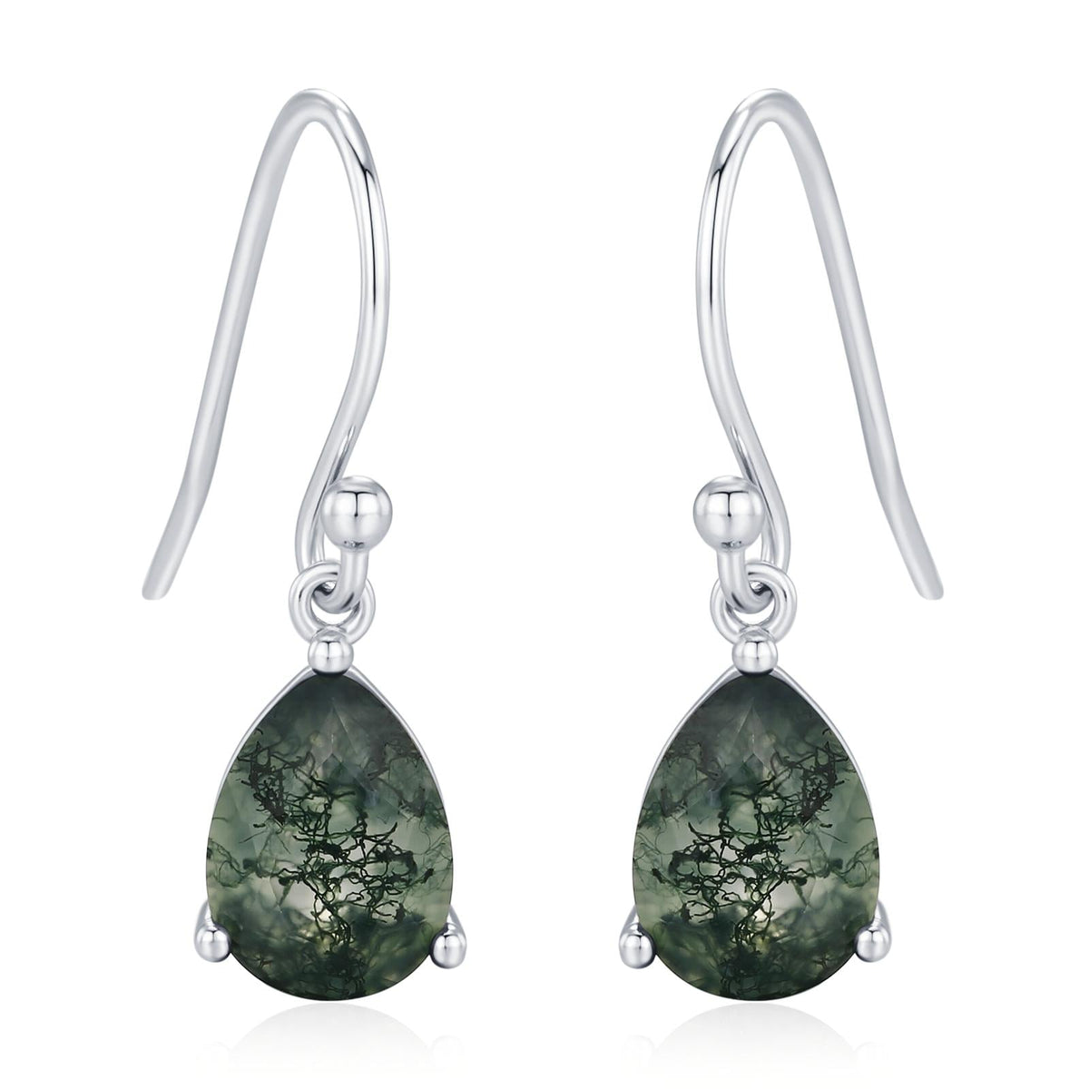 Sterling Silver Moss Agate Pear Drop Dangle Earrings