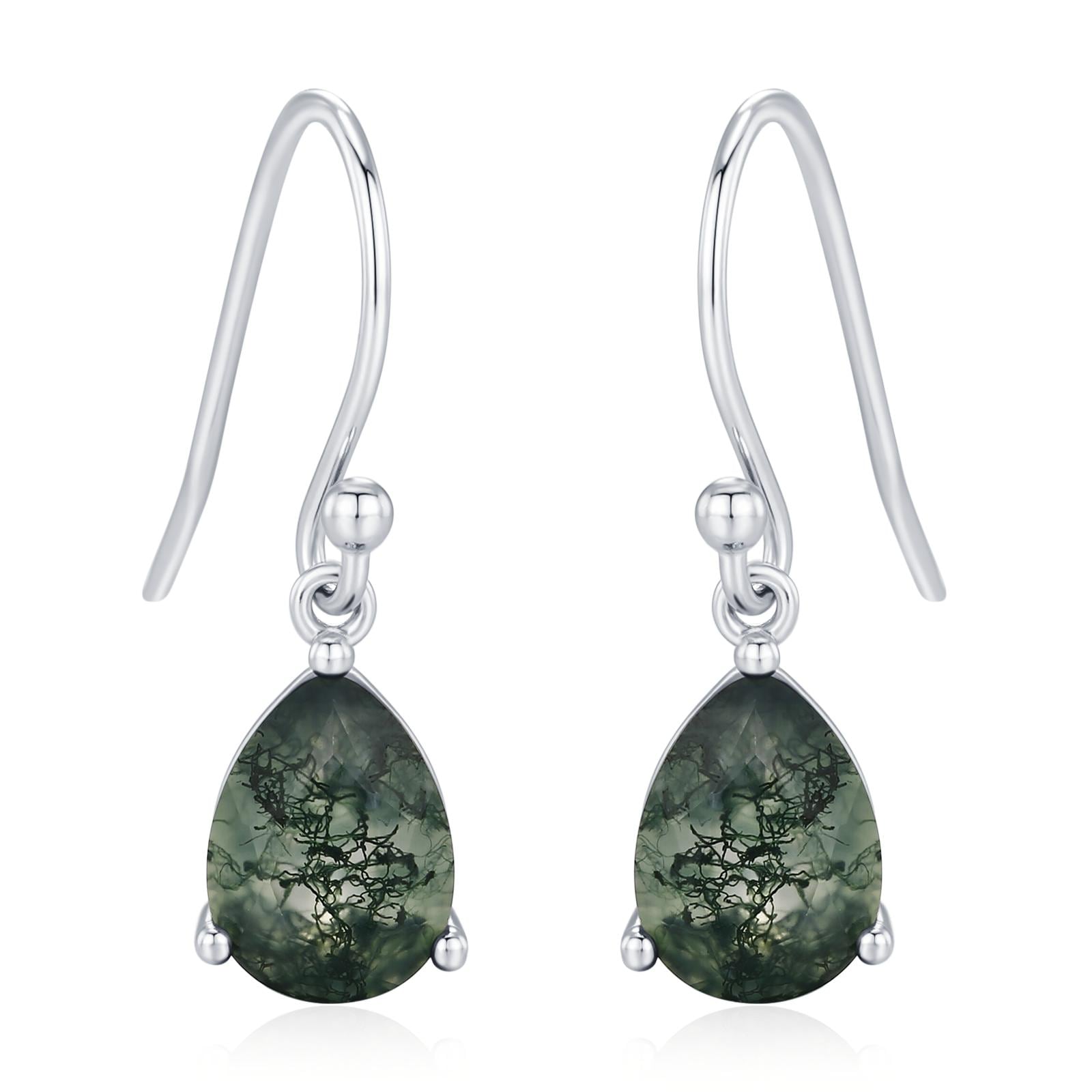 Sterling Silver Moss Agate Pear Drop Dangle Earrings