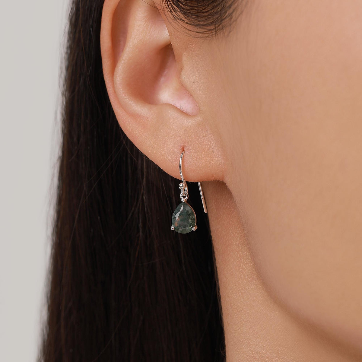 Sterling Silver Moss Agate Pear Drop Dangle Earrings