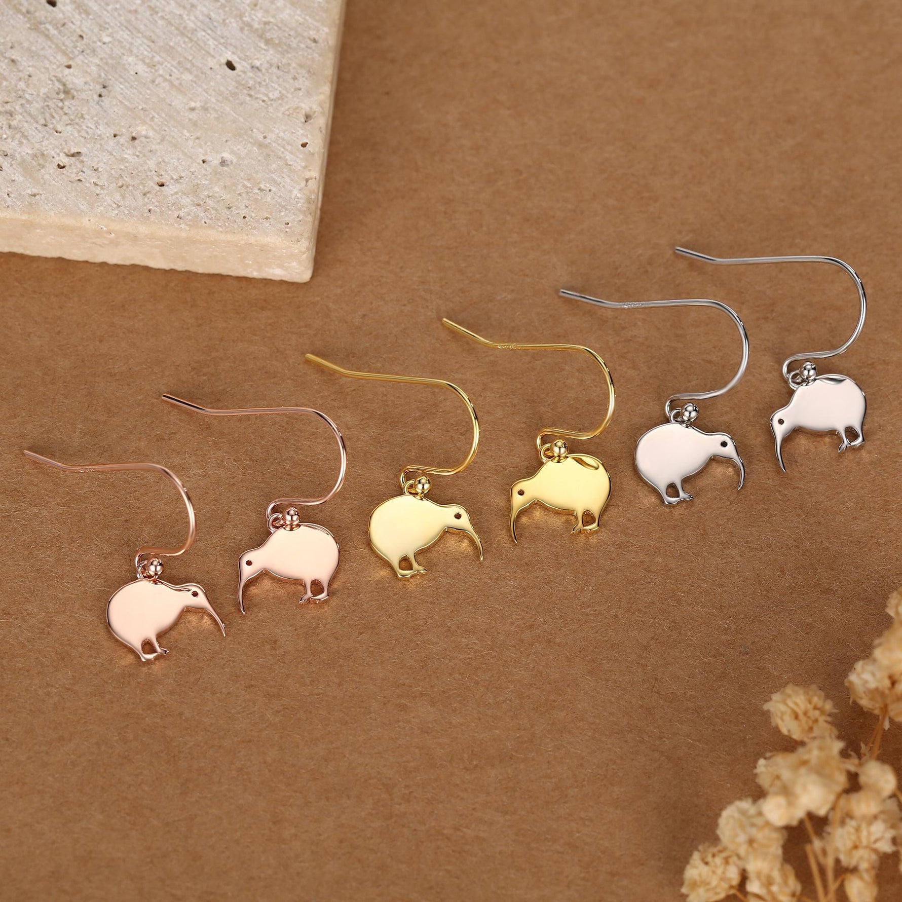 Kiwi Bird Drop Hook Earrings in Sterling Silver, Silver Gold or Rose Gold, Kiwi Bird Earrings